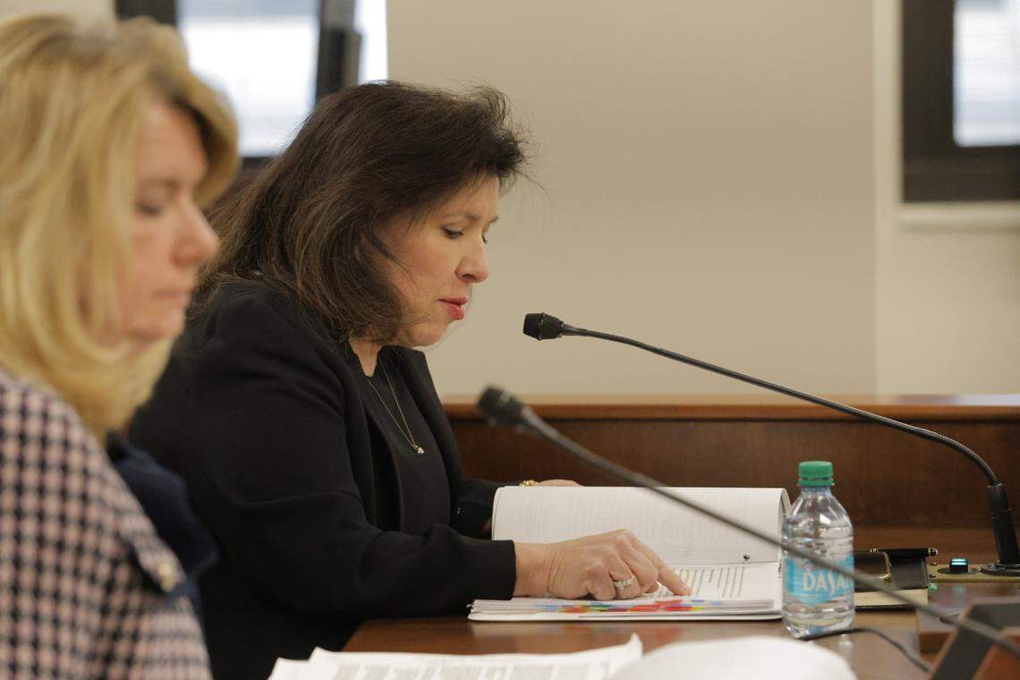 Clarissa Adams, the chief of staff at the South Carolina Treasurer’s Office, testifies in front of a state Senate Finance panel on Tuesday, Feb. 18, 2025, about a forensic audit into a $1.8 billion accounting error.