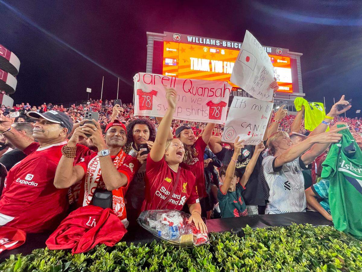 Soccer fans react to play as Manchester United and Liverpool play in Williams-Brice Stadium on Saturday, Aug. 3, 2024.