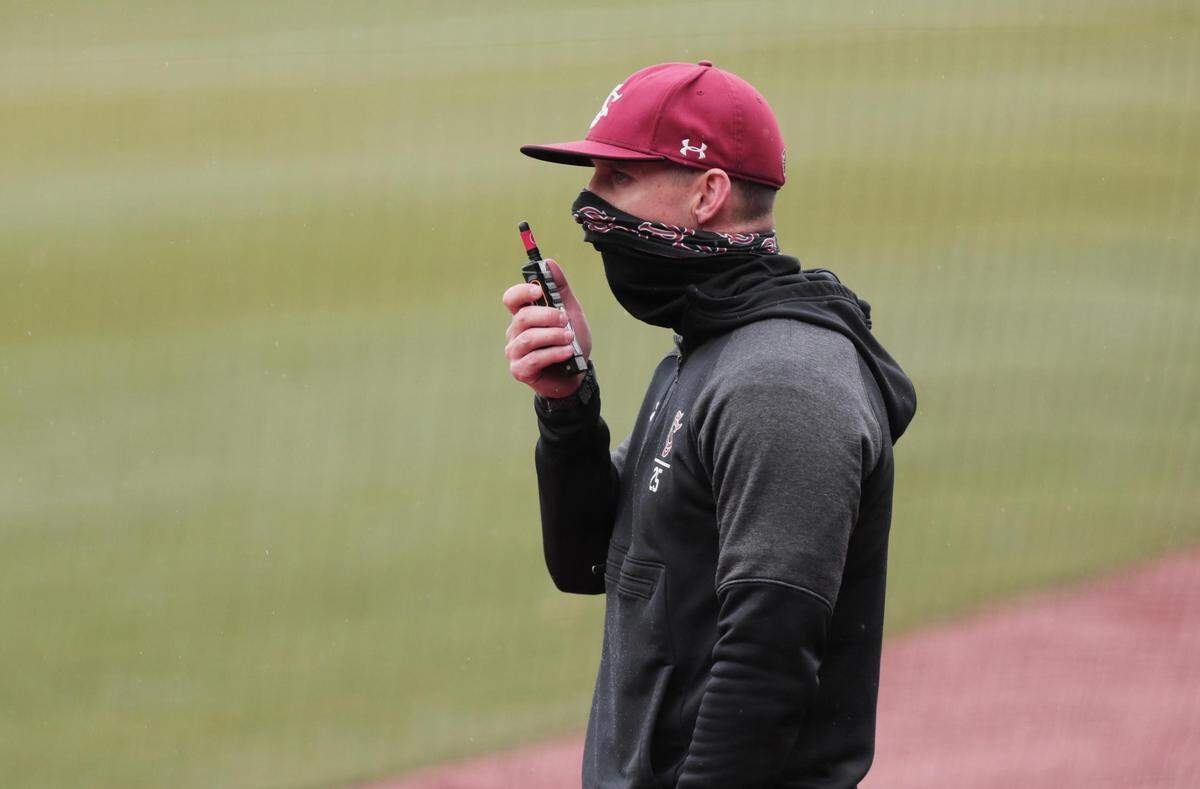 Pitching coach Skylar Meade and the South Carolina Gamecocks scrimmage at Founders Park ahead of the 2021 season.