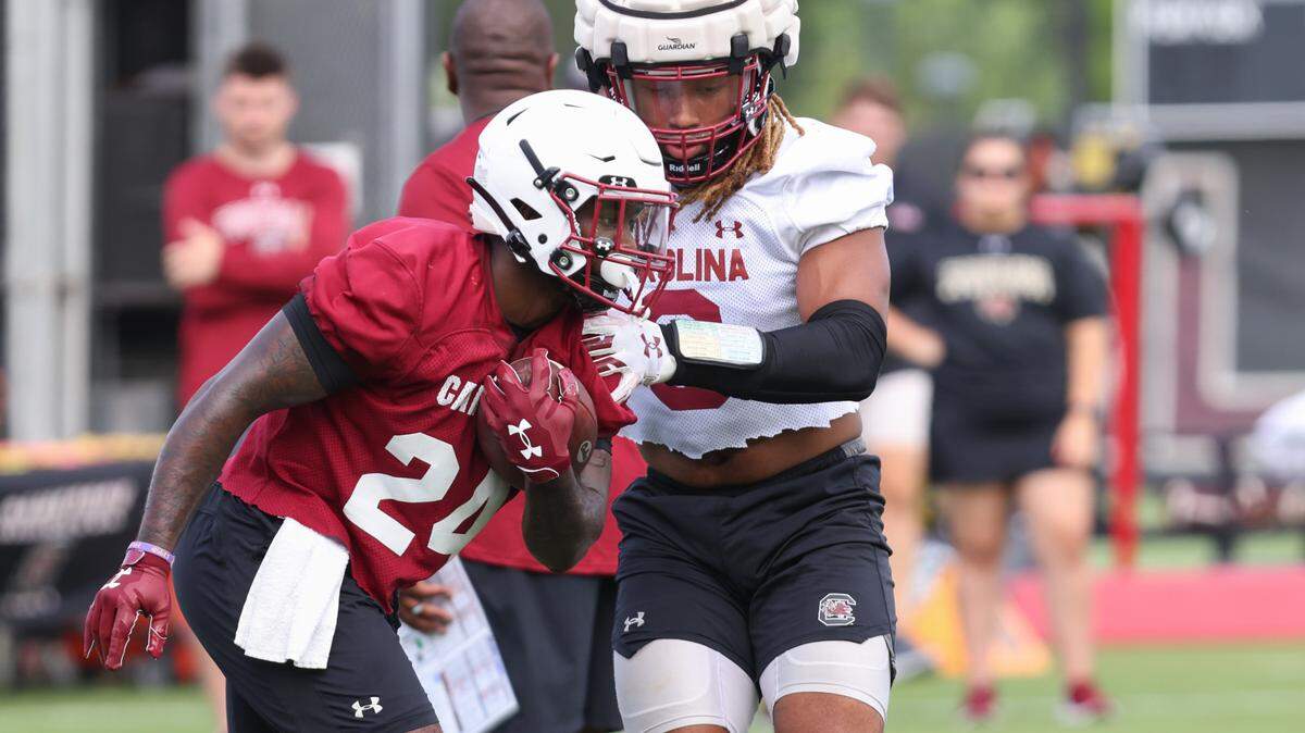 South Carolina running back Mario Anderson (24) runs drills during the first day of practice in Columbia on Friday.