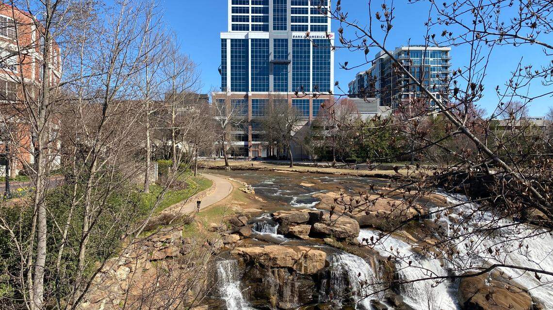 The Camperdown development includes a 17-floor tower of offices and condominiums overlooking Reedy River Falls.