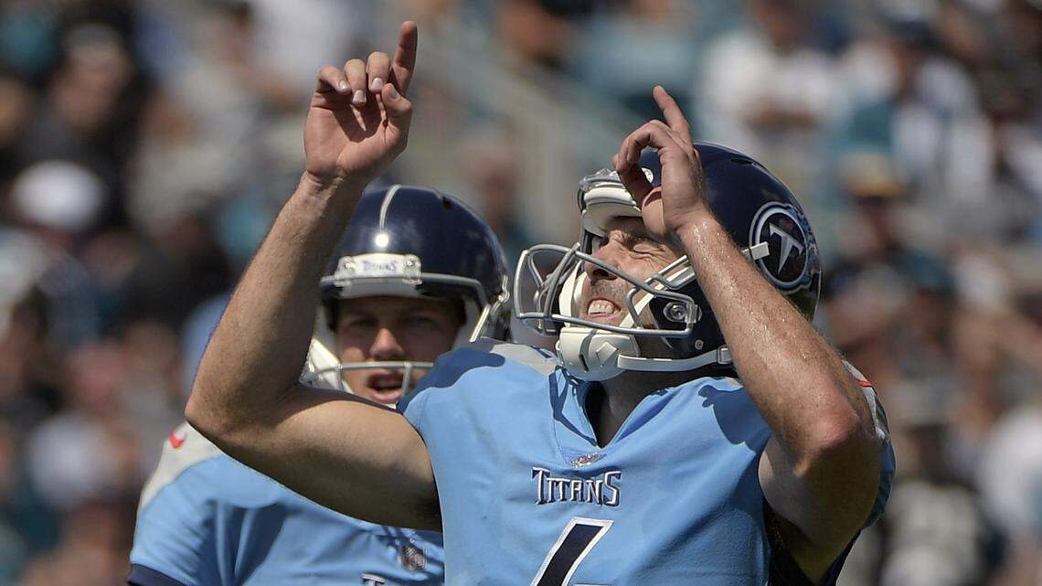 Tennessee Titans kicker Ryan Succop points upward after kicking a field goal against the Jacksonville Jaguars during the first half of an NFL football game, Sunday, Sept. 23, 2018, in Jacksonville, Fla.