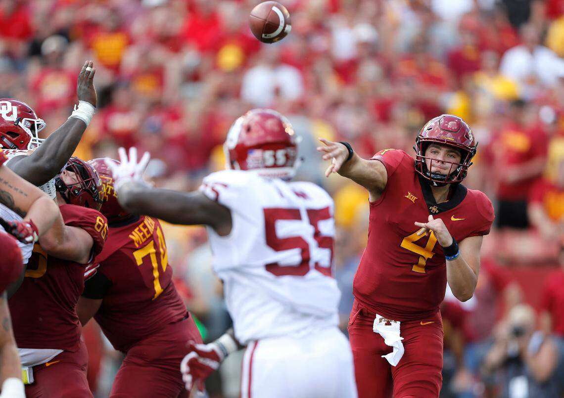 From Sept. 15, 2018: Iowa State quarterback Zeb Noland, right, throws the ball to a receiver against Oklahoma in game played at Ames, Iowa. Oklahoma won 37-27.