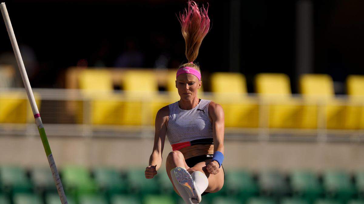 Sandi Morris competes during the prelims of the women’s pole vault at the U.S. Olympic Track and Field Trials Thursday, June 24, 2021, in Eugene, Ore. (AP Photo/Charlie Riedel)