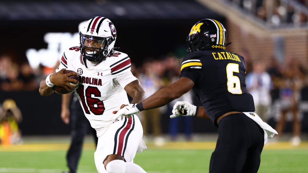 South Carolina quarterback LaNorris Sellers (16) runs the ball during the Gamecocks’ game against Missouri at Memorial Stadium in Columbia, Missouri, on Saturday, September 20, 2025.