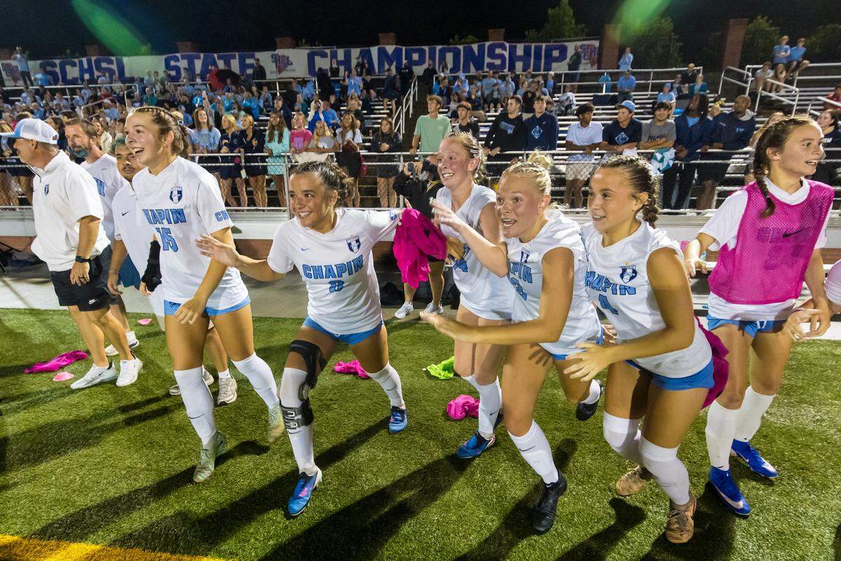 The Chapin High Eagles celebrate after their 4-0 win in the Class 5A-Division II state championship game at Memorial Stadium in Columbia, South Carolina, on Saturday.