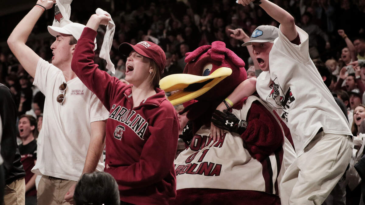 South Carolina fans grab Cocky, the university’s mascot, shortly before the team beat LSU on Saturday, February 19, 2022.