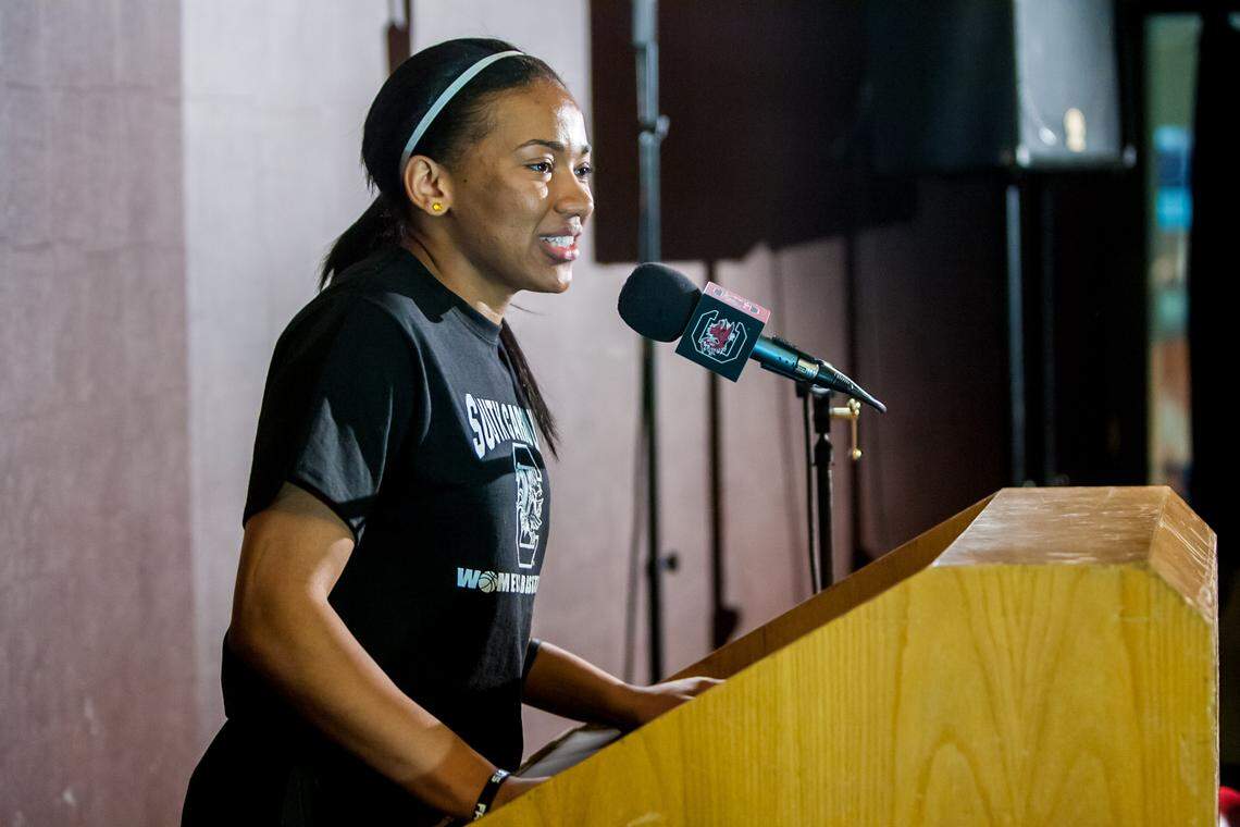 South Carolina Gamecocks guard Ieasia Walker addresses the crowd at an NCAA Selection Show party.