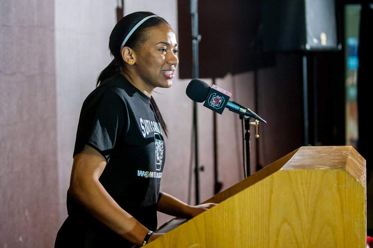 South Carolina Gamecocks guard Ieasia Walker addresses the crowd at an NCAA Selection Show party.