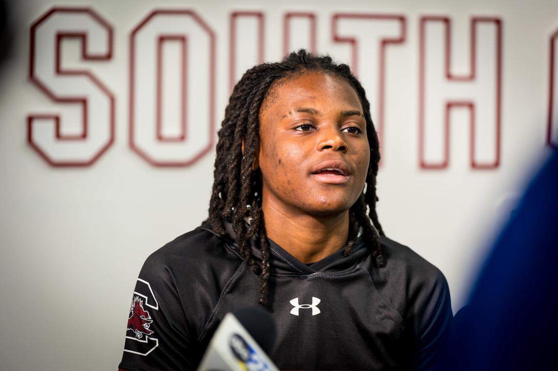 USC women’s basketball newcomer Milaysia Fulwiley during a press conference at Carolina Coliseum in Columbia, SC, Sunday, July 5, 2023.