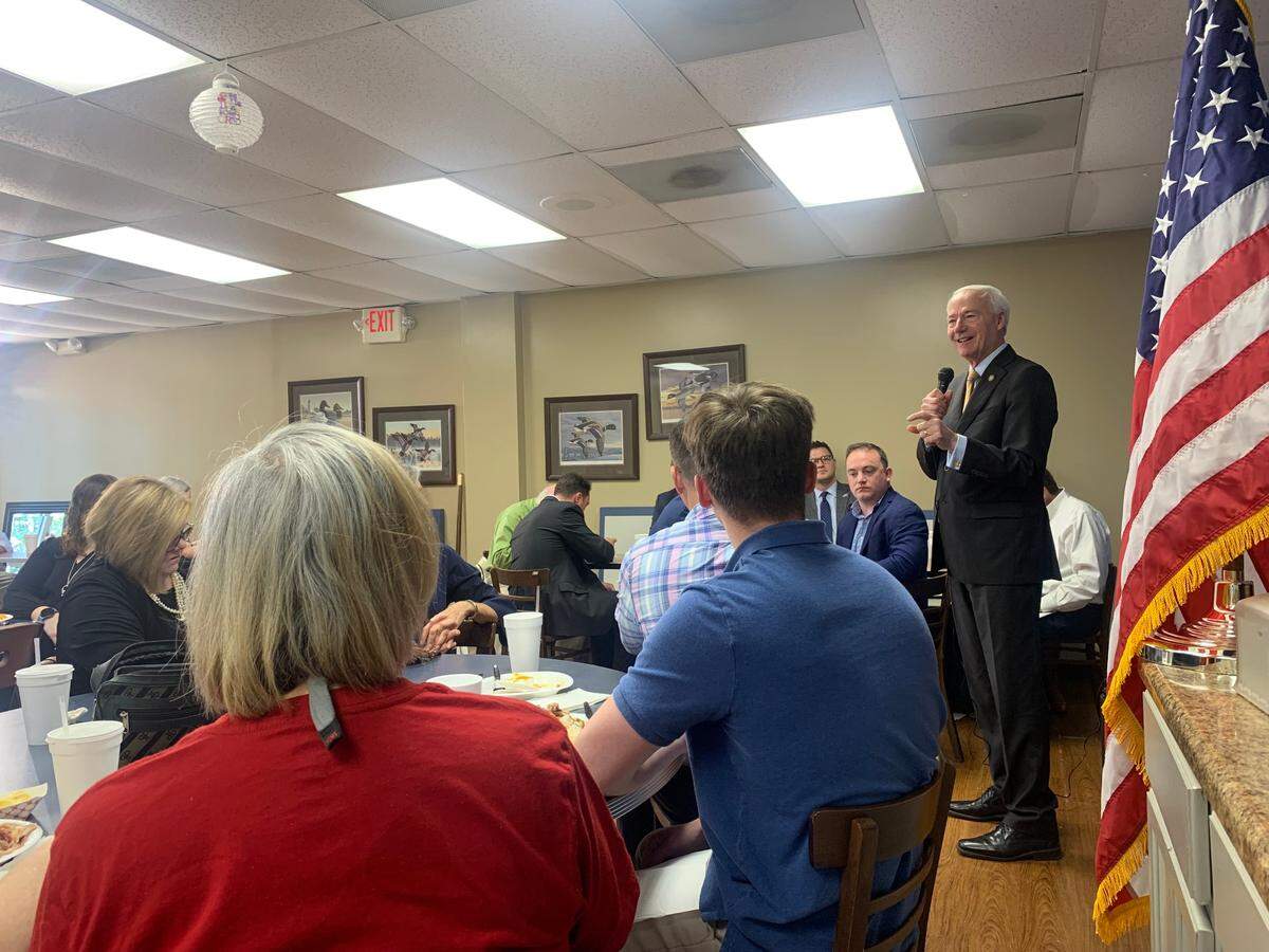 Former Arkansas Gov. Asa Hutchinson speaks at a Richland County Republican Party gathering at Doc’s Barbecue in Columbia, S.C. on Tuesday, May 23, 2023. He is running for the Republican nomination for president in the 2024 election.