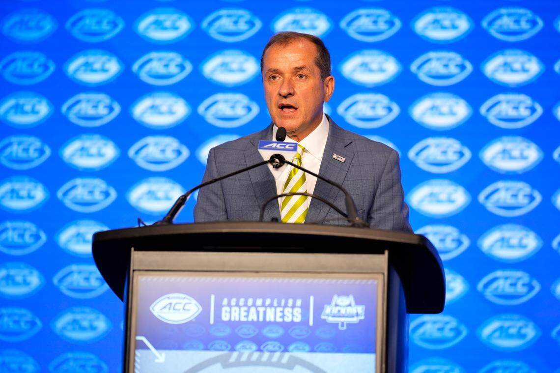 Jul 22, 2024; Charlotte, NC, USA; ACC commissioner Jim Phillips speaks to the media during ACC Kickoff at Hilton Charlotte Uptown.
