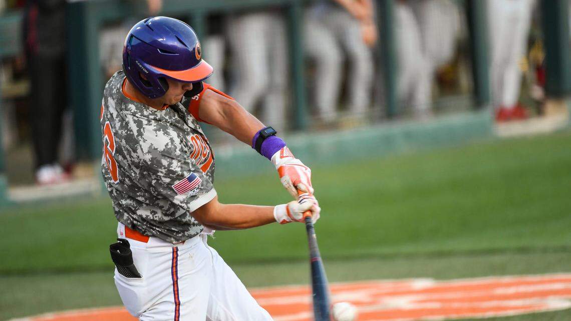 Clemson sophomore Will Taylor (16) gets a hit during a game against Georgia at Doug Kingsmore Stadium in Clemson Tuesday, April 18, 2023. Gre Ml Clemsonvgeorgiabaseball 04182023 002