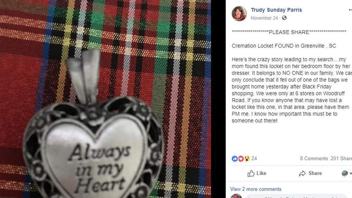 A woman in Greenville, South Carolina is looking for the owner of a locket with cremated remains.