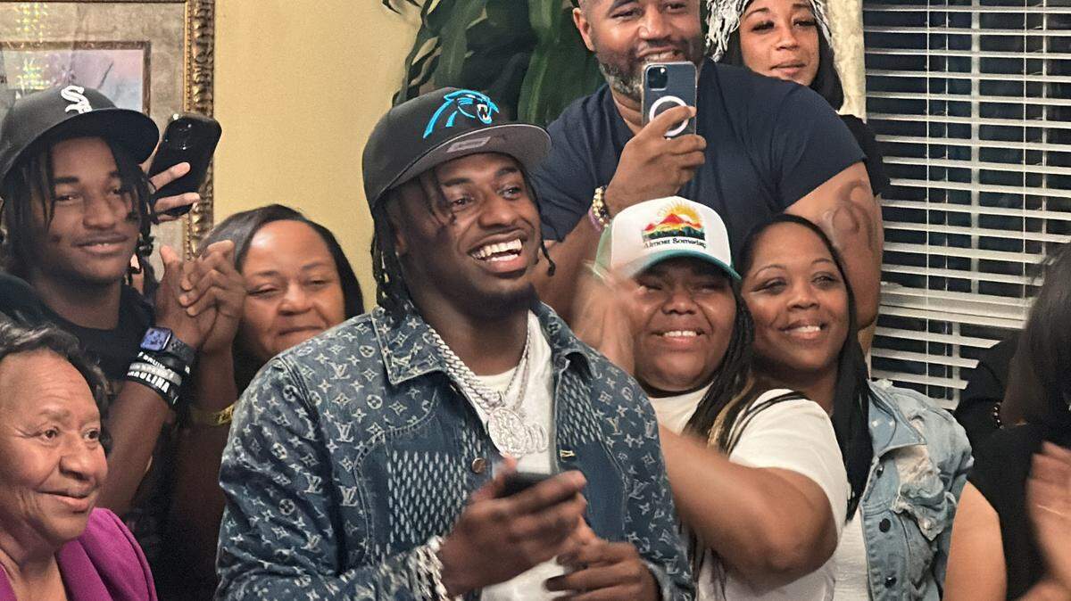 South Carolina wide receiver Xavier Legette smiles after being selected by the Carolina Panthers with the 32nd overall pick in the NFL Draft on Thursday. Legette and his 2024 NFL Draft classmates will be counted on to help QB Bryce Young in his second season.