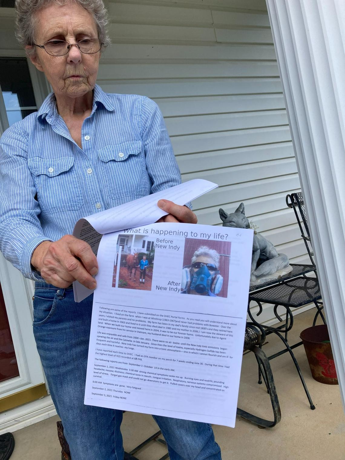 York County resident Betty Rankin says industrial pollution tied to a paper mill has been a nuisance and health hazard. She sometimes wears a gas mask to avoid exposure. (September 14, 2022)