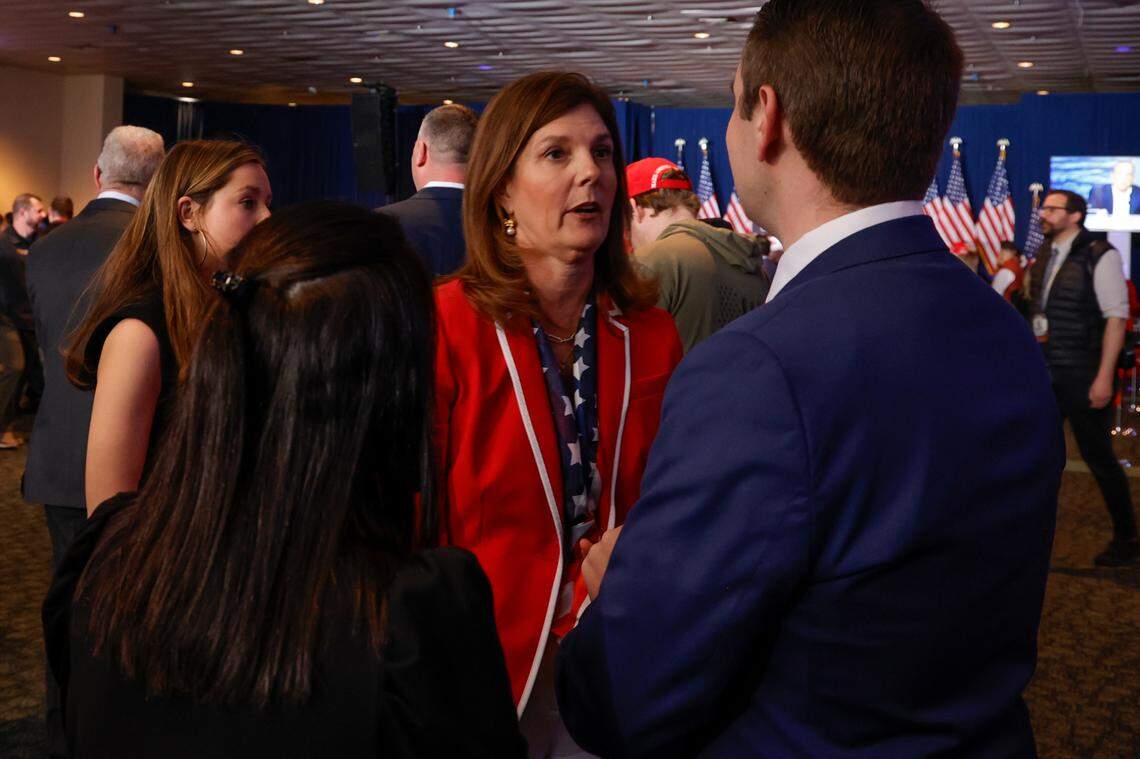 Lt. Gov. Pamela Evette, mingles during a rally for presidential candidate Donald Trump at the South Carolina State Fairgrounds on Saturday, Feb. 24, 2024.