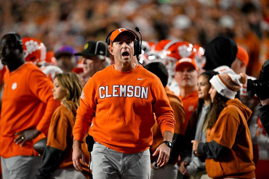 Dec 21, 2024; Austin, Texas, USA; Clemson Tigers head coach Dabo Swinney yells to the referees during the second half of the game against the Texas Longhorns of the CFP National Playoff first round game at Darrell K Royal-Texas Memorial Stadium. Mandatory Credit: Jerome Miron-Imagn Images