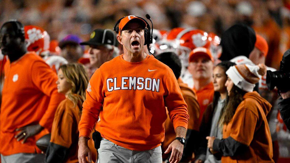Clemson Tigers head coach Dabo Swinney yells to the referees during the second half of the game against the Texas Longhorns.