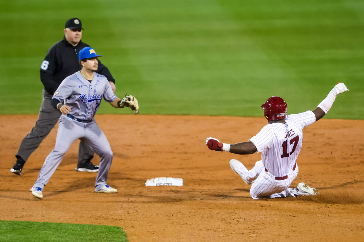 South Carolina Gamecocks outfielder Kennedy Jones (17) slides into second base with a double against the Morehead State Eagles during their game at Founders Park, 3/7/25.