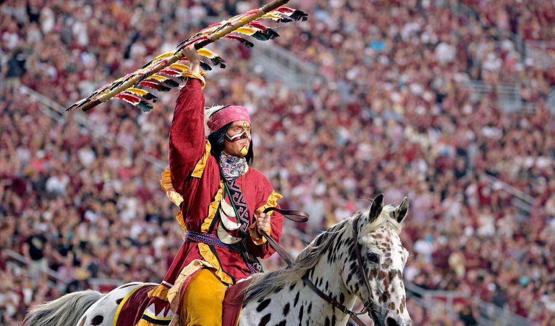Sep 21, 2024; Tallahassee, Florida, USA; Florida State Seminoles symbols Osceola and Renegade during the first half against the California Golden Bears at Doak S. Campbell Stadium.