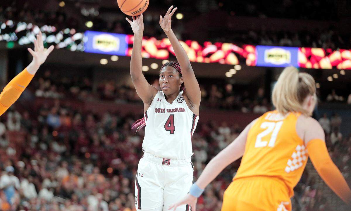 South Carolina’s Aliyah Boston shoots against Tennessee during Sunday’s SEC tournament championship game at Bon Secours Wellness Arena in Greenville.