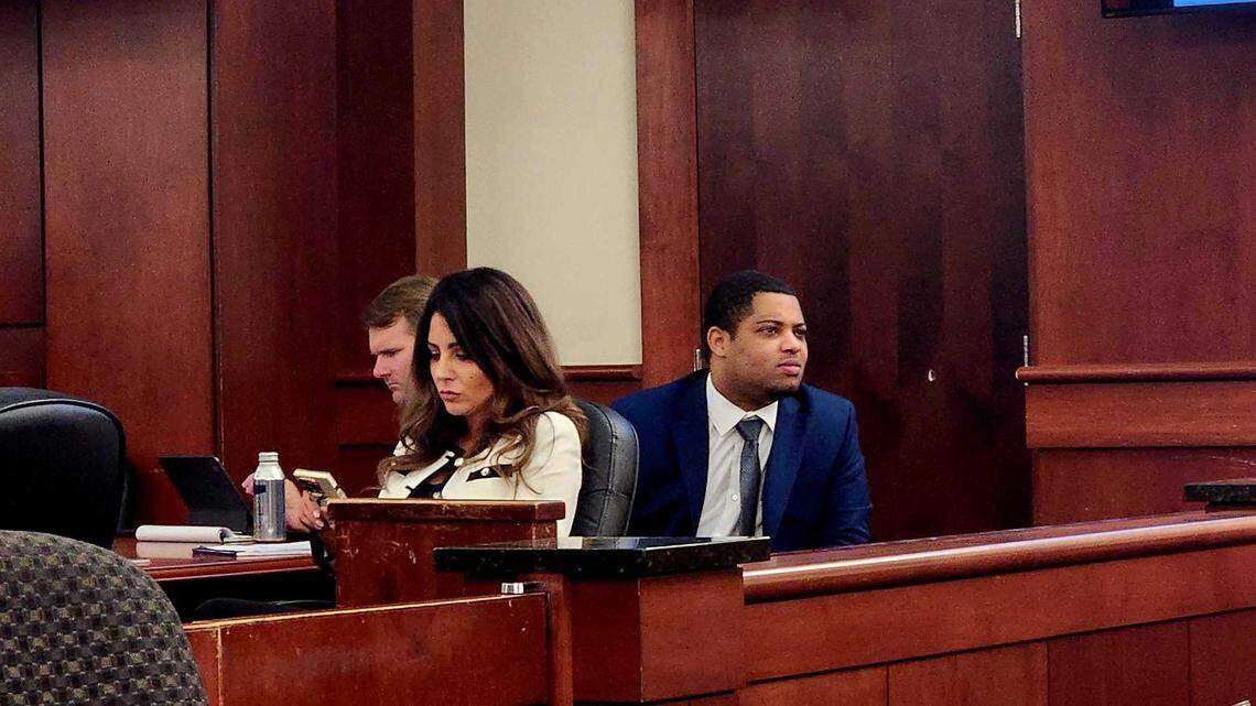 Marquise Robinson sitting to the right of one his defense attorneys, Alexandra Benevento, right before closing arguments began in his trial on November 14, 2024.