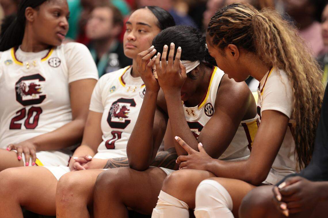 University of South Carolina’s Raven Johnson (25) and University of South Carolina’s Te-Hina Paopao (0) feel the loss during the second half of action against the University of Connecticut for the NCAA National Championship at Amalie Arena in Tampa, Fla. on Sunday, April 6, 2025.