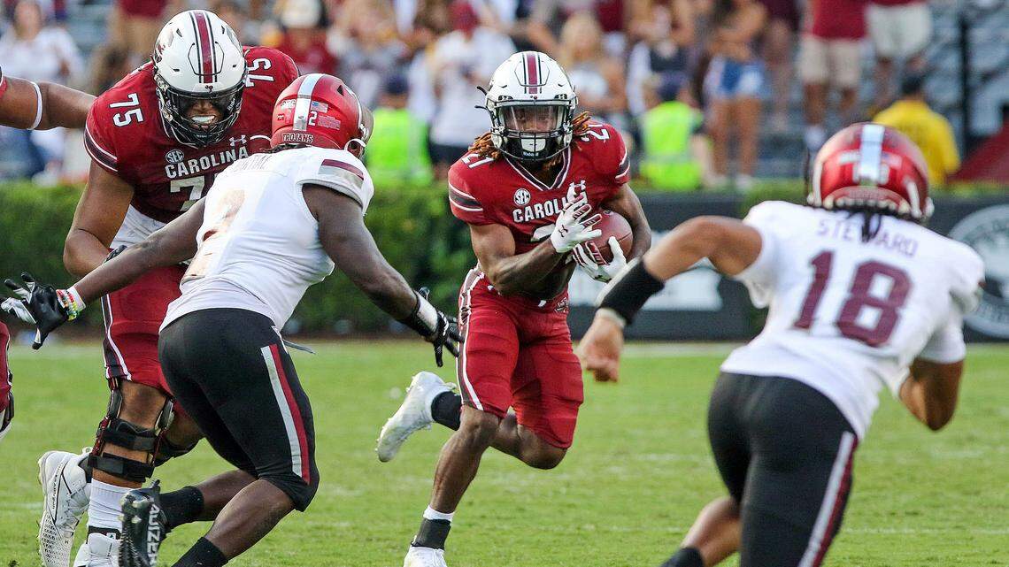 South Carolina’s running back Juju McDowell (21) moves the ball downfield during the second half as the Gamecocks take on Troy on Saturday, Oct. 2, 2021 at Williams-Brice Stadium.