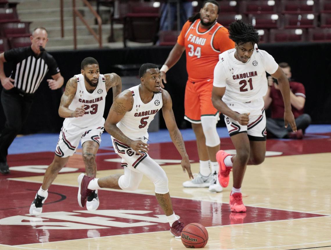 South Carolina Gamecocks guard Jermaine Couisnard (5) drives downcourt against Florida A&M at Colonial Life Arena on January 2, 2021.