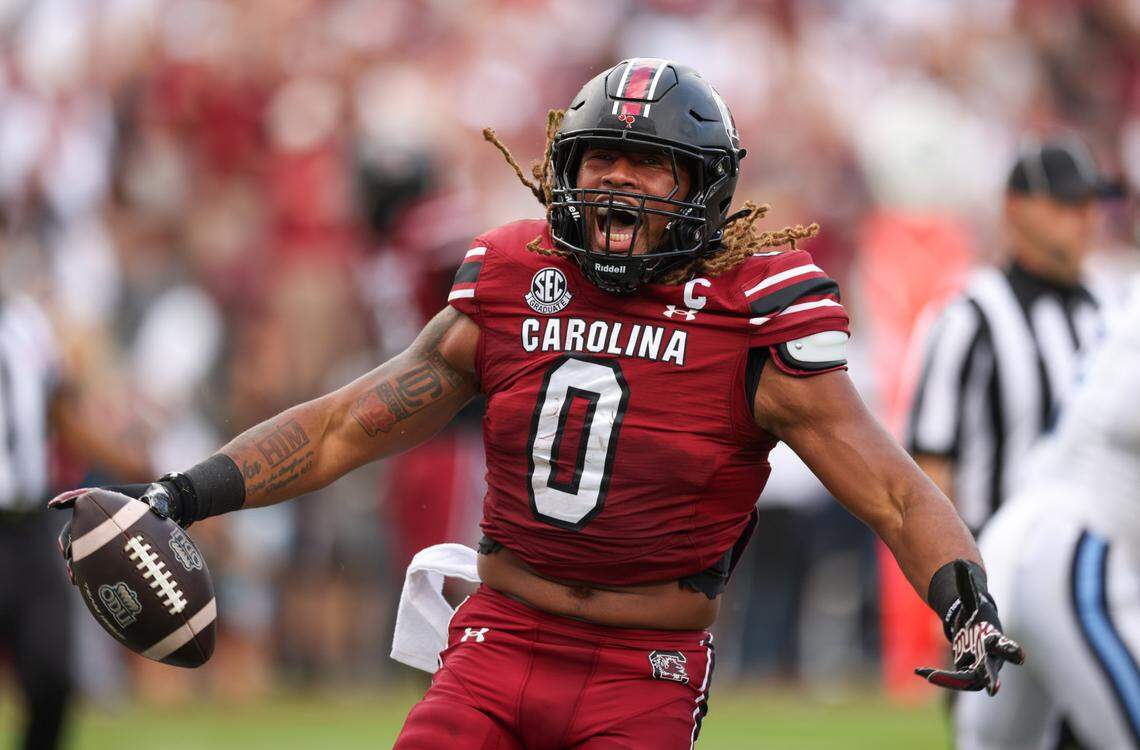 South Carolina linebacker Debo Williams (0) celebrates a turnover during the first half of the Gamecocks’ season opener against Old Dominion in Columbia on Saturday, August 31, 2024.