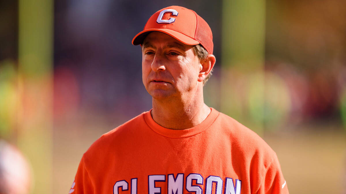 Clemson head coach Dabo Swinney looks on during warm ups before an NCAA college football game against South Carolina on Saturday, Nov. 26, 2022, in Clemson, S.C. (AP Photo/Jacob Kupferman)