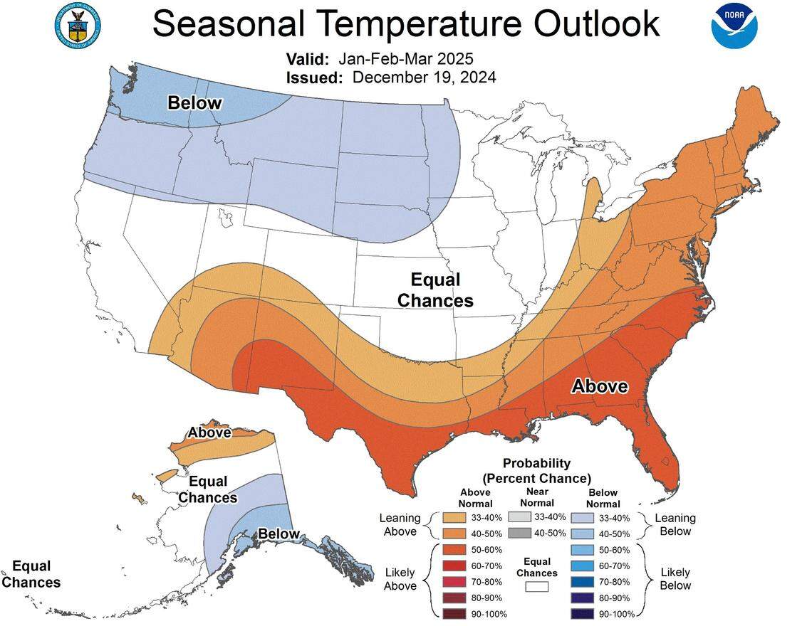 A map of the U.S. that shows temperature forecasts for January through March 2025.