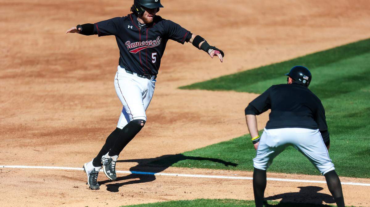 South Carolina Gamecocks third baseman Talmadge LeCroy (5) celebrates a home run against the Clemson Tigers during the game at Founders Park in Columbia, SC, March 5, 2023.