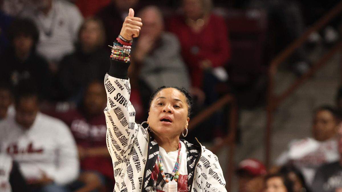 University of South Carolina Head Coach Dawn Staley yells to her team during the first half of action against Kentucky in the Colonial Life Arena on Sunday, March 2, 2025.