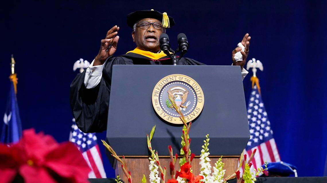 Rep. Jim Clyburn, D-S.C., speaks during the South Carolina State University’s 2021 Fall Commencement Ceremony in Orangeburg, S.C., Friday, Dec. 17, 2021. President Joe Biden will deliver the keynote address. (AP Photo/Carolyn Kaster)