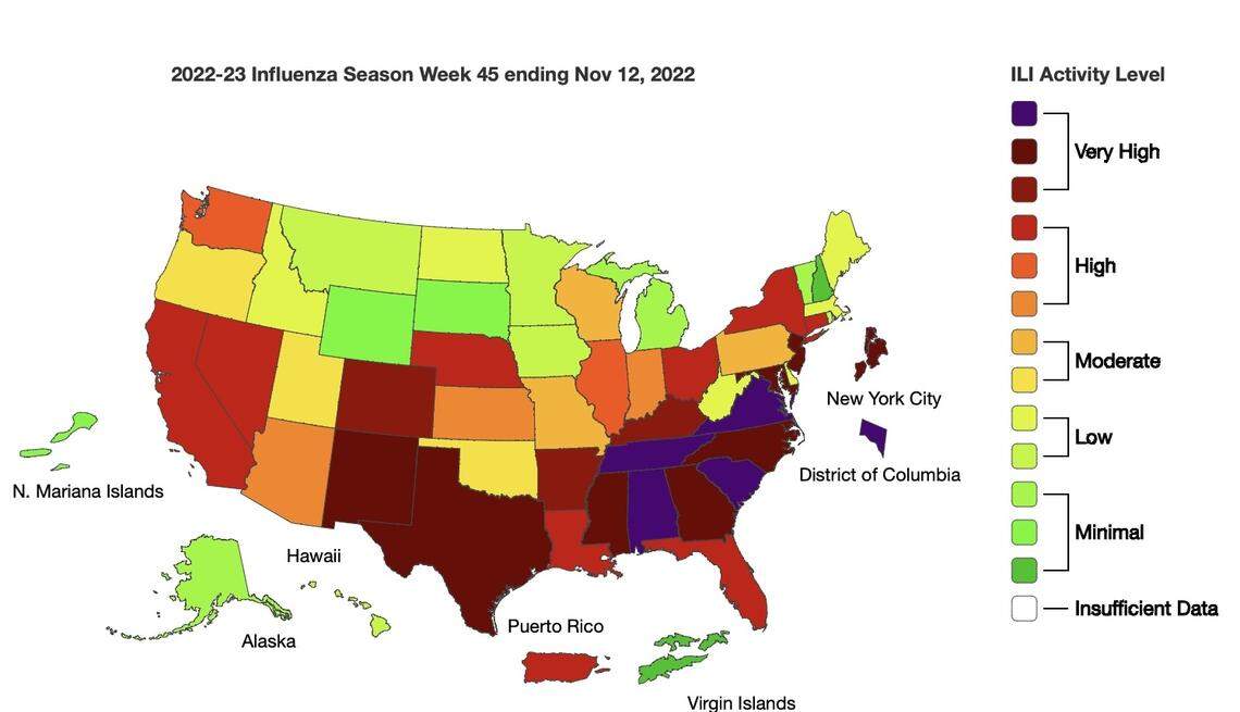 An image showing the rate of reported flu cases in the United States.