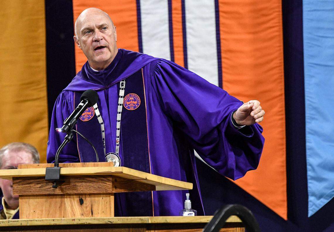 President Jim Clements welcomes the crowd during Clemson University summer commencement in Littlejohn Coliseum in Clemson, S.C. , on Friday, August 11, 2023.
