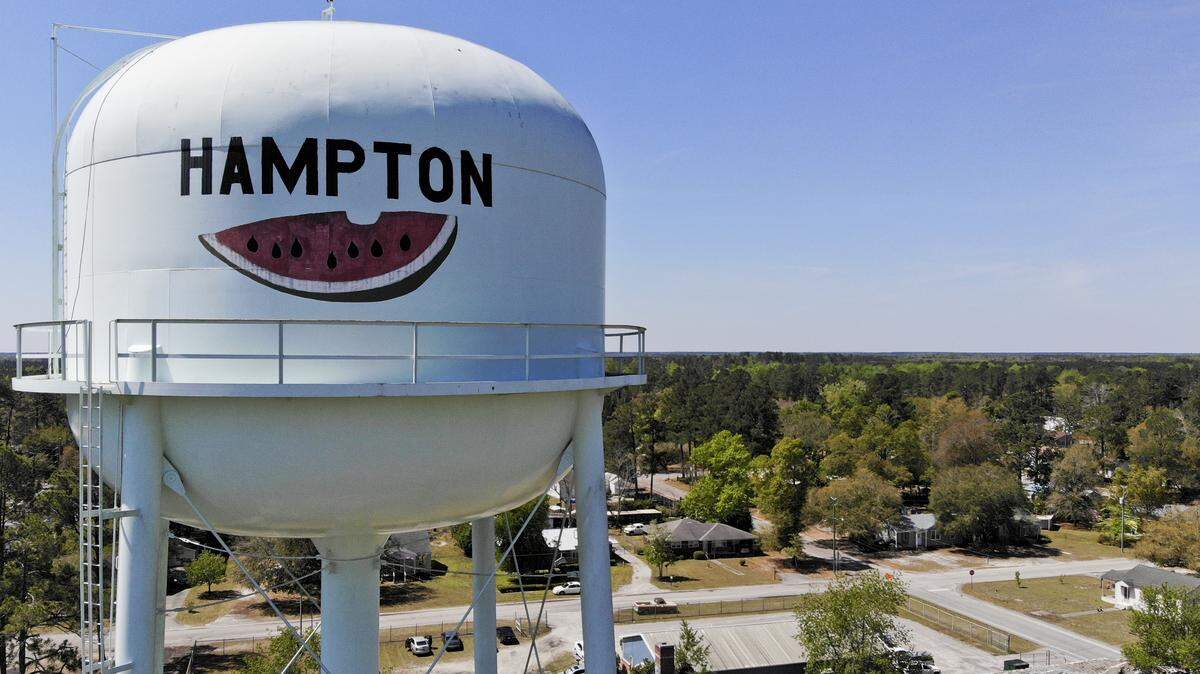 The water tower rises above the town of Hampton, SC.