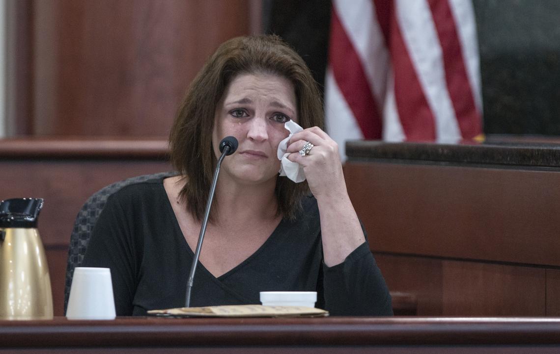 Amber Jones cries from the witness stand while being questioned by 11th Circuit deputy Solicitor Suzanne Mayes during the trial of her ex husband, Tim Jones, in Lexington. 5/20/19