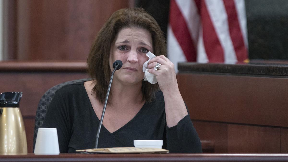 Amber Jones cries from the witness stand while being questioned by 11th Circuit deputy Solicitor Suzanne Mayes during the trail of her ex husband, Tim Jones, in Lexington. Timothy Jones, Jr. is accused of killing his 5 young children in 2014. Jones, who faces the death penalty, has pleaded not guilty by reason of insanity. 5/20/19