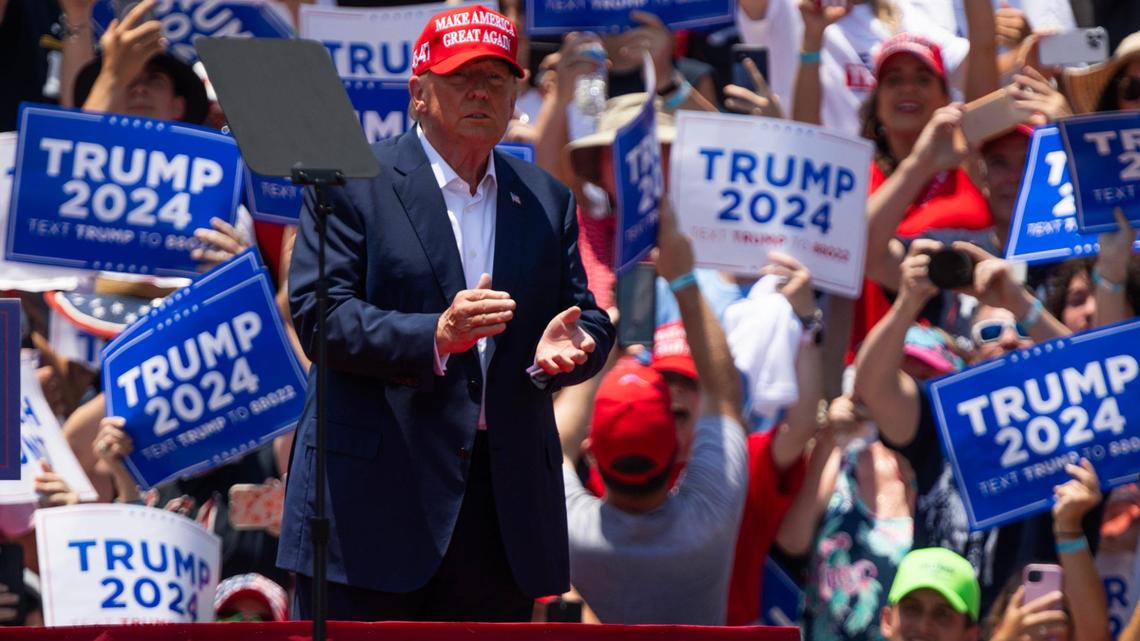Former President Donald Trump hosts a campaign event in Pickens, South Carolina on Saturday, July 1, 2023.
