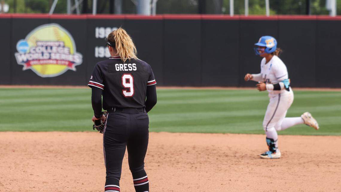 Sam Gress (9) of South Carolina looks on after a walk-off home run during the Gamecocks’ game against UCLA at Carolina Softball Stadium in Columbia on Saturday, May 24, 2025.