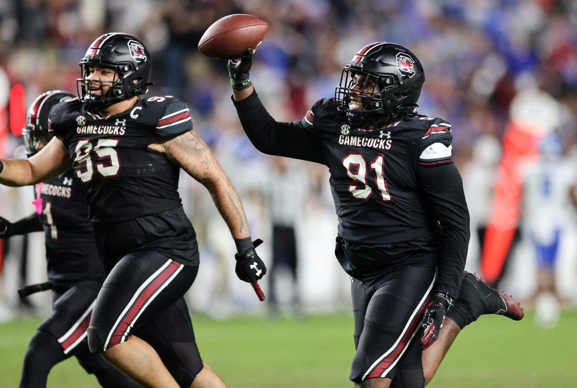 South Carolina defensive tackle Tonka Hemingway (91) celebrates a turnover during the second half of the Gamecocks’ game at Williams-Brice Stadium in Columbia on Saturday, November 18, 2023.