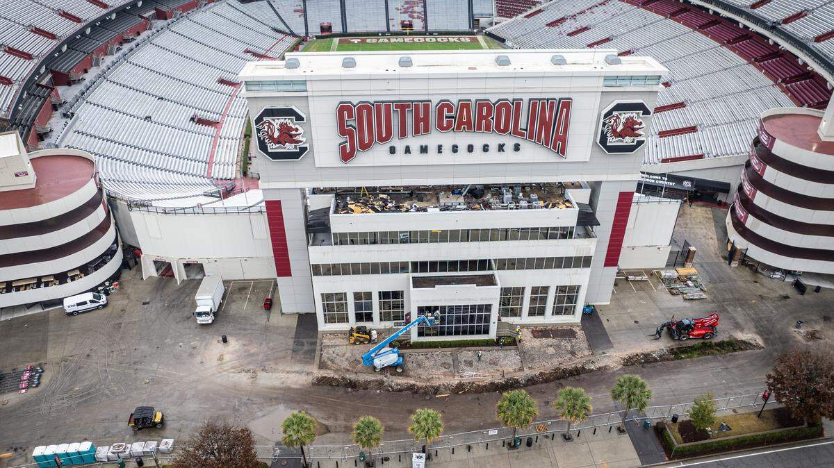 Demoltion work is under way at Williams-Brice Stadium to make way for upcoming renovations. Seen here: The Floyd Building is being demolished ahead of plans to enhance offerings for the student section.
