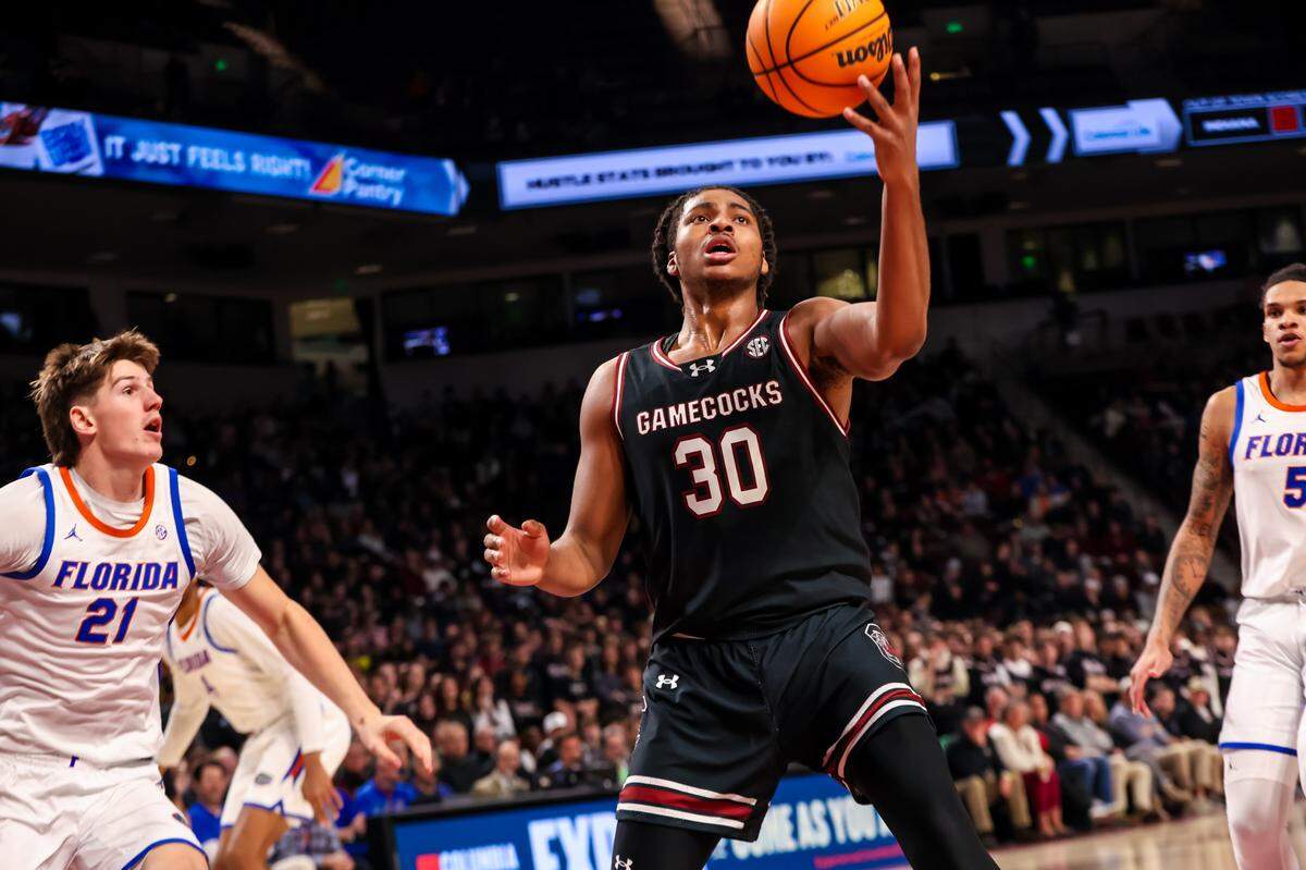 South Carolina Gamecocks forward Collin Murray-Boyles (30) grabs a rebound against the Florida Gators in the first half at Colonial Life Arena.