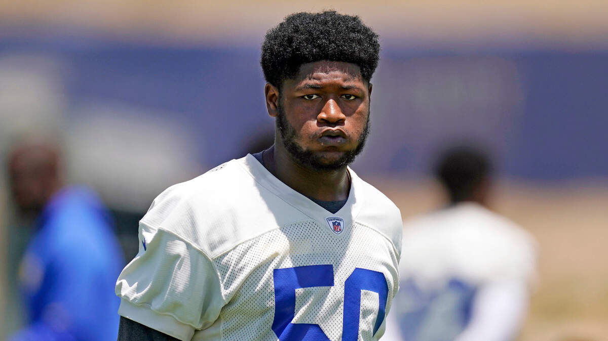 Los Angeles Rams linebacker Ernest Jones walks off of the field during an NFL football practice Friday, June 4, 2021, in Thousand Oaks, Calif. (AP Photo/Mark J. Terrill)