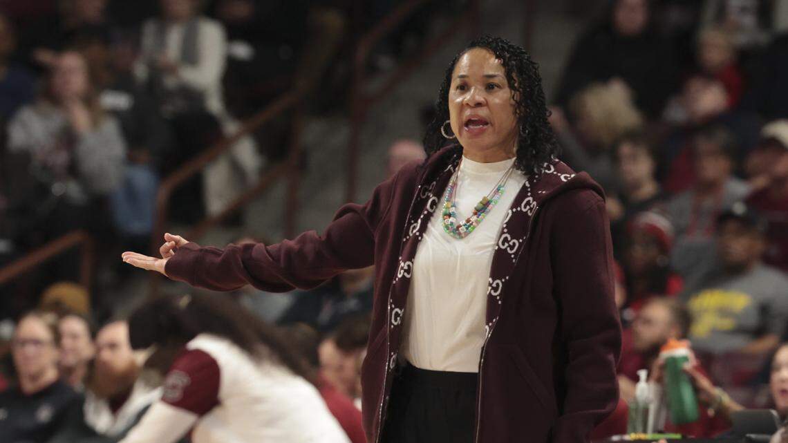 South Carolina head coach Dawn Staley talks to an official during the first half of action of their women's basketball game against Clemson at Colonial Life Arena on Tuesday, Nov. 11, 2025.