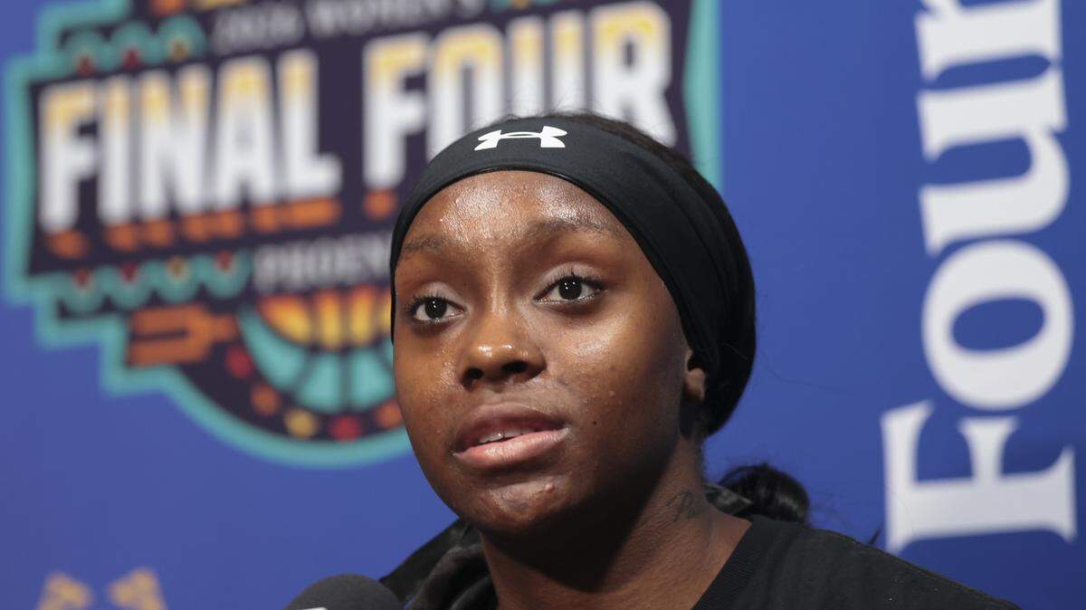 South Carolina's Raven Johnson speaks during a press conference at Mortgage Matchup Center in advance of the Final Four matchup between South Carolina and UConn in Phoenix on Thursday, April 2, 2026.