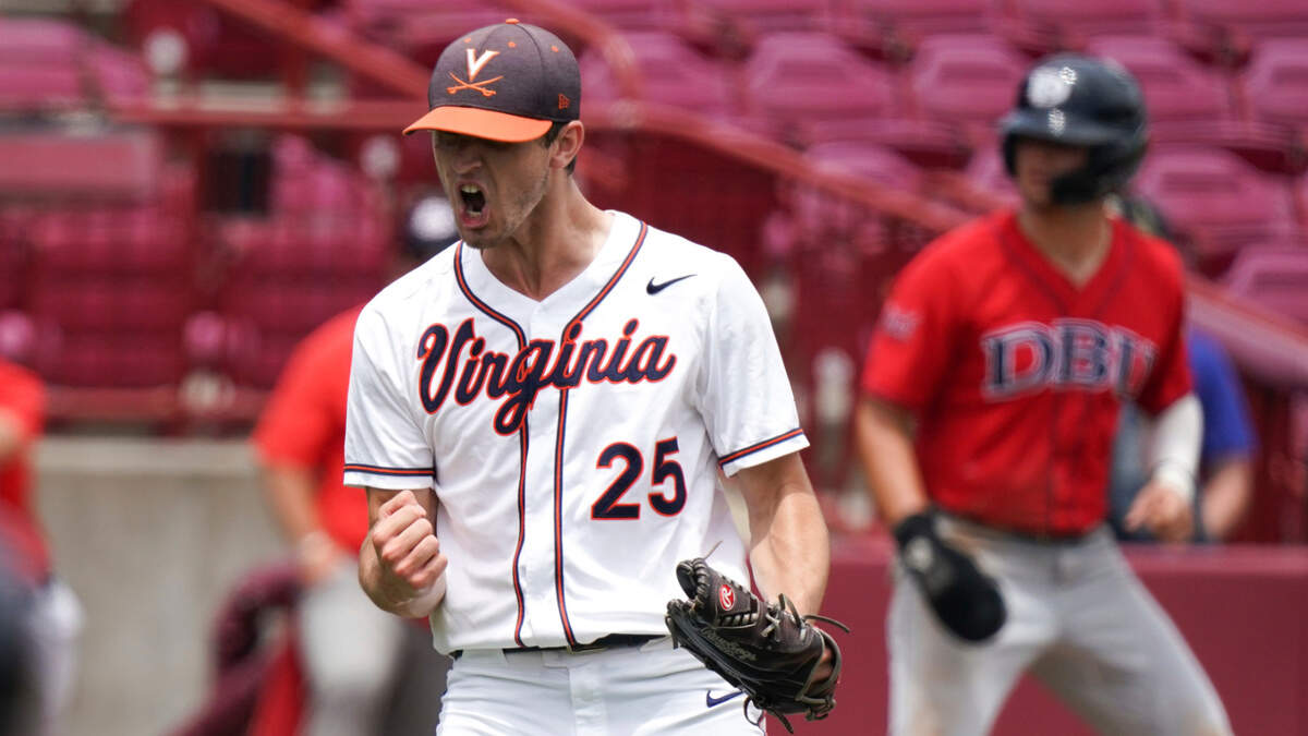 Virginia pitcher Griff McGarry reacts after an inning-ending strikeout during an NCAA college baseball tournament super regional game against Dallas Baptist, Sunday, June 13, 2021, in Columbia, S.C. (AP Photo/Sean Rayford)